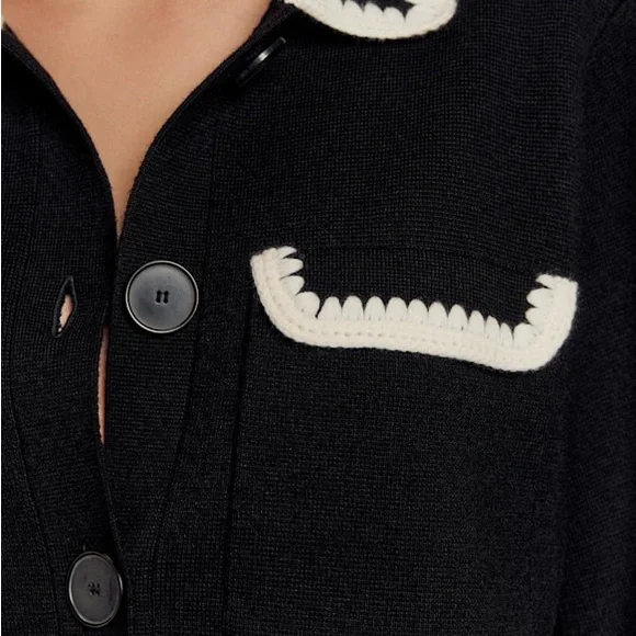 Chelsea & Theodore Black Cardigan with Knit Embroidered White Trim Details Small - Picture 2 of 8
